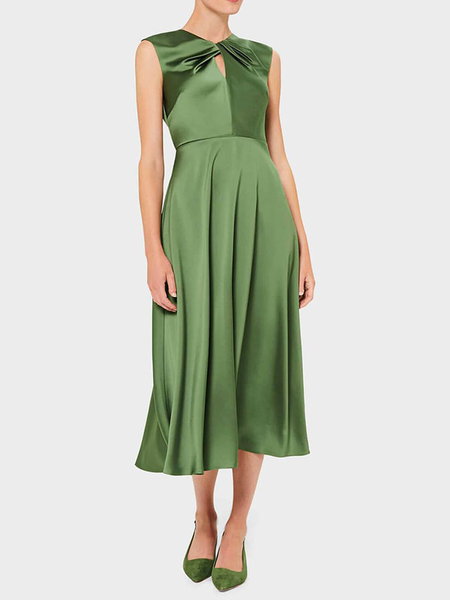 

Summer Lightweight Elegant Plain Crew Neck Sleeveless Woven Dresses, Green, Midi Dresses