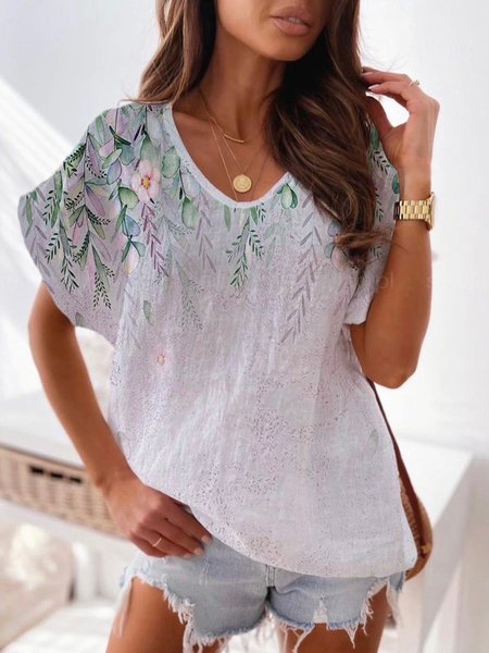

V Neck Floral Loosen Casual Short Sleeve Tops, White, Tunics