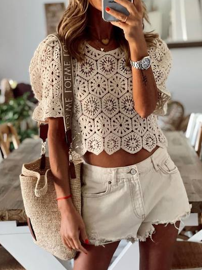 

Crew Neck Casual Short Sleeve Tops, Beige, Shirts & Blouses