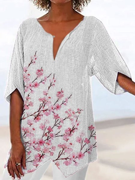 

Floral Casual Regular Fit V Neck Short Sleeve Tops, White, Shirts & Blouses