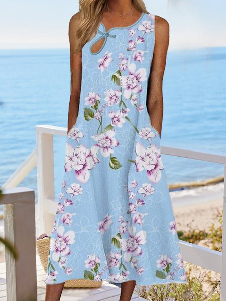 

Casual Vacation Floral Printed Sleeveless Midi Dresses, Blue, Dresses