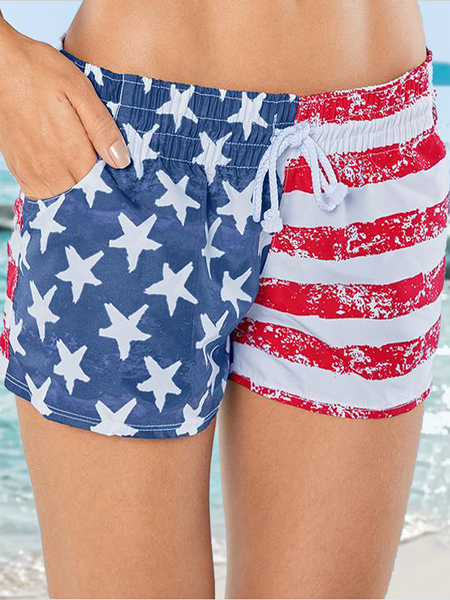 

Stars and Stripes Mid-Rise Beach Lounge Shorts Casual Loosen Shorts, Blue, Shorts