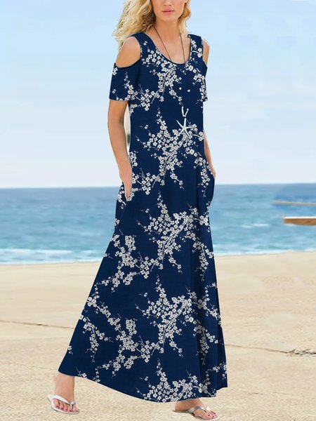 

Vintage flowers and leaves off shoulder a long dress plus size, Deep blue, Dresses