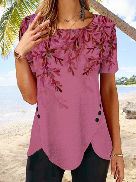 Button irregular hem gradient Flower Top T shirt tunic