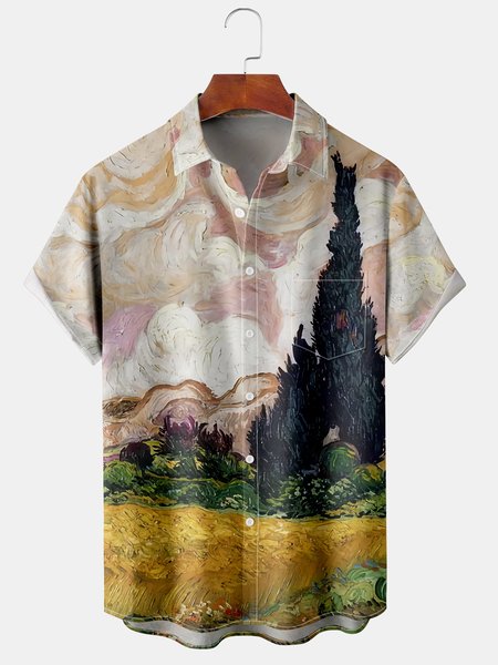 

Men's Art Oil Painting Series Printed Casual Breathable Hawaiian Short Sleeve Shirt, Nudepink, Men's Floral shirt