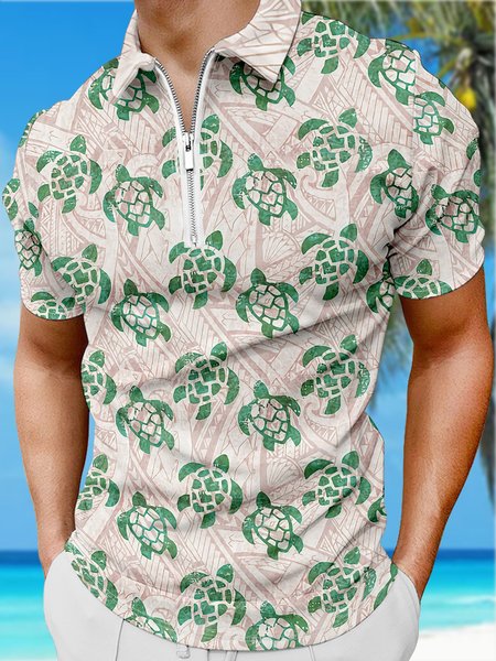

Resort-Inspired Hawaiian Geometric And Turtle-Patterned Lapel Short-Sleeved Polo-Print Top, Green, Men's t-shirts