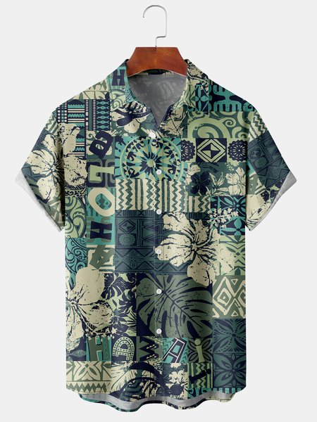 

Men's Casual Short Sleeve Hawaiian Shirt with Chest Pocket Print, Green, Men's Floral shirt