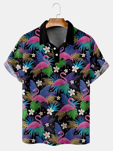 

Resort Style Hawaiian Series Floral Leaf Flamingo Element Pattern Lapel Short-Sleeved Polo Print Top, Black, Men's t-shirts