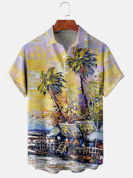 

Men's Art Oil Painting Coconut Tree Series Printing Casual Breathable Hawaiian Short Sleeve Shirt, Yellow, Men's Floral shirt