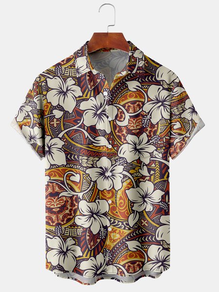 

Men's Botanical Print Casual Breathable Short Sleeve Hawaiian Shirt, Khaki, Men's Floral shirt