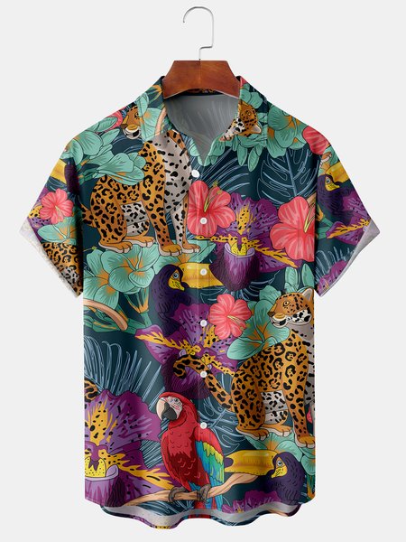 

Men's Leopard Print Casual Breathable Hawaiian Short Sleeve Shirt, Green, Men's Floral shirt