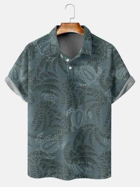 

Resort-Style Hawaiian Botanical Turtle Element Pattern Lapel Short-Sleeved Polo Print Top, Cyan, Men's t-shirts