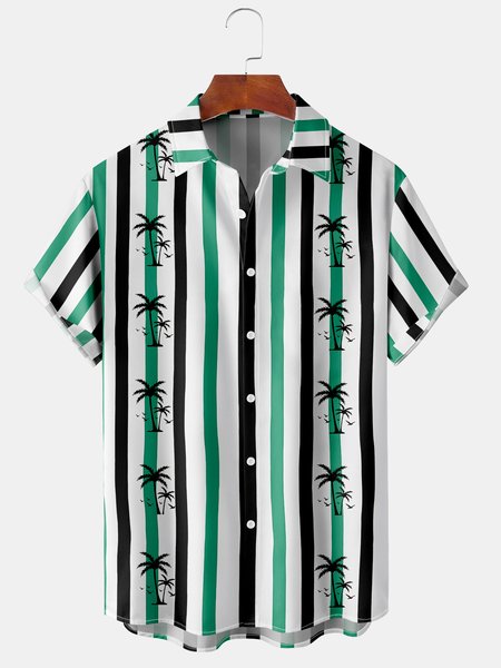 

Men's Striped Casual Short Sleeve Hawaiian Shirt, Green, Men's Floral shirt