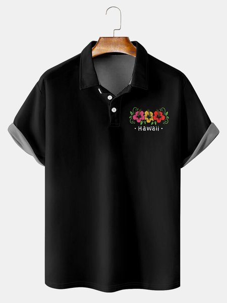 

Resort Style Hawaiian Series Botanical And Floral Elements Pattern Lapel Short-Sleeved Polo Print Top, Black, Men's t-shirts