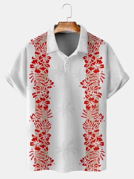 

Resort-Style Hawaiian Floral And Plant Element Pattern Lapel Short-Sleeved Polo Print Top, Creme light, Men's t-shirts