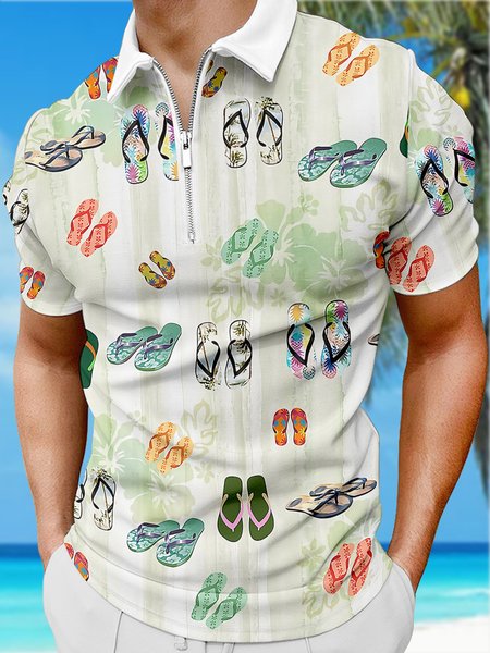 

Resort Style Hawaiian Striped Botanical And Floral Pattern Lapel Short-Sleeved Polo Print Top, Lightgreen, Men's t-shirts