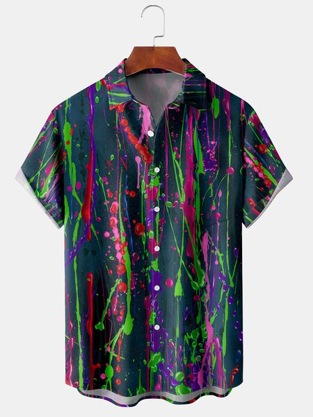 

Men's Geometric Striped Print Casual Breathable Hawaiian Short Sleeve Shirt, Cyan, Men's Floral shirt