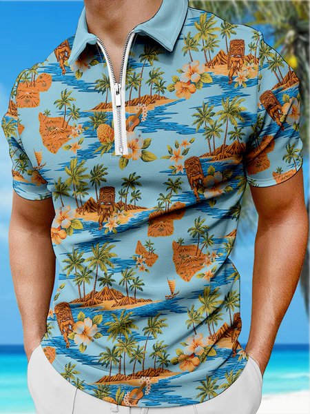 

Holiday Style Hawaiian Series Botanical Flower Coconut Tree Element Pattern Lapel Short-Sleeved Polo Print Top, Blue, Men's t-shirts