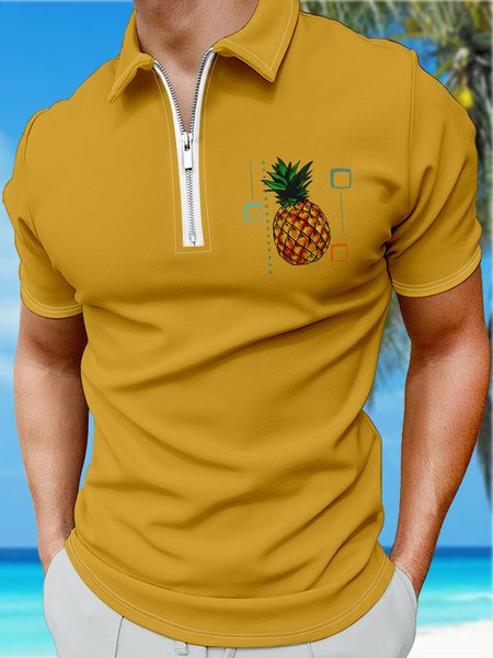 

Resort Style Hawaiian Series Geometric Fruit Element Pattern Lapel Short-Sleeved Polo Print Top, Yellow, Men's t-shirts