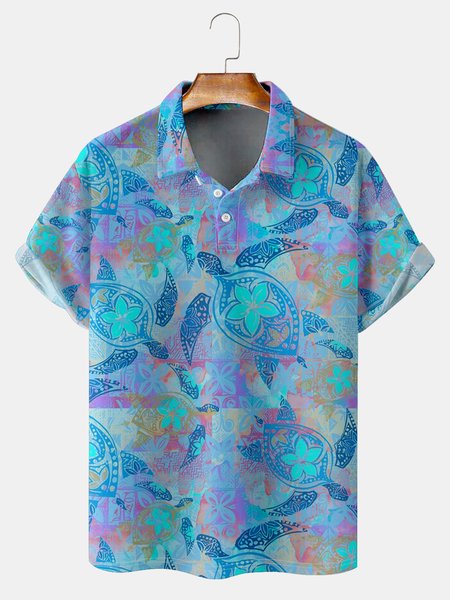 

Resort-Style Hawaiian Collection Geometric Floral Turtle Element Pattern Lapel Short-Sleeved Polo Print Top, Blue, Men's t-shirts