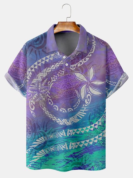 

Resort Style Hawaiian Series Gradient Geometric Turtle Element Pattern Lapel Short-Sleeved Polo Print Top, Blue purple, Men's t-shirts