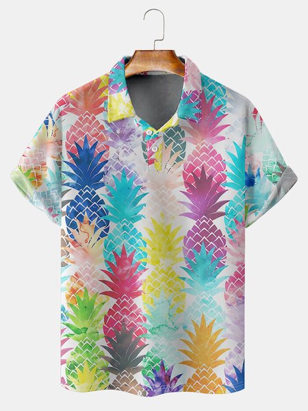 

Resort Style Hawaiian Series Gradient Fruit Element Pattern Lapel Short-Sleeved Polo Print Top, Multicolor, Men's t-shirts