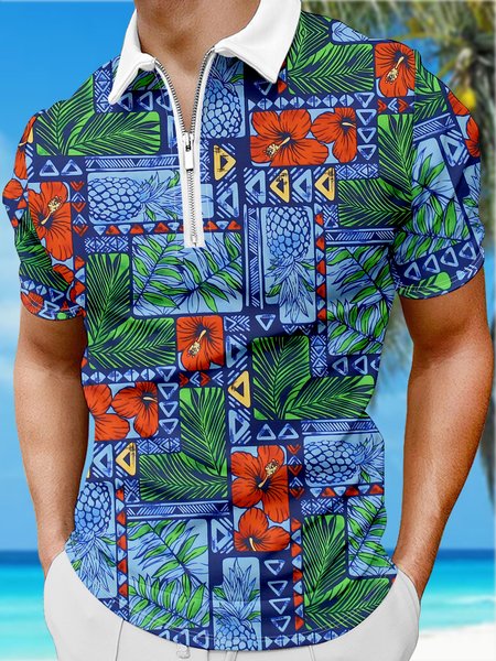 

Resort Style Hawaiian Series Plant Leaves And Floral Elements Pattern Lapel Short-Sleeved Polo Print Top, Blue, Men's t-shirts