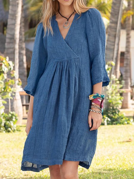 

Plain cotton linen loose holiday short Dress Plus Size, Blue, Dresses