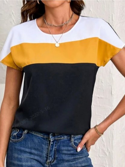 

Color Block Crew Neck Short Sleeve Tops, Multicolor, Shirts & Blouses