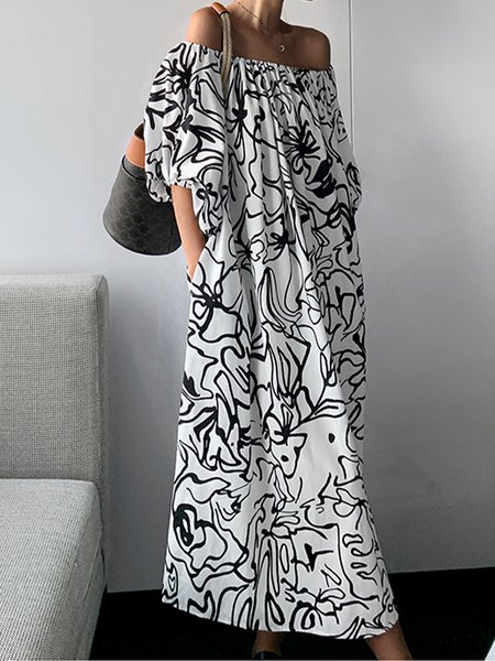 

Printed Off The Shoulder Oversize Short Sleeve Woven Maxi Dress, Black-white, Maxi Dresses