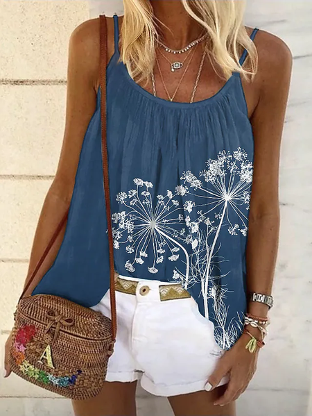 

Floral Regular Fit Casual Spaghetti Knit, Purplish blue, Tanks & Camis