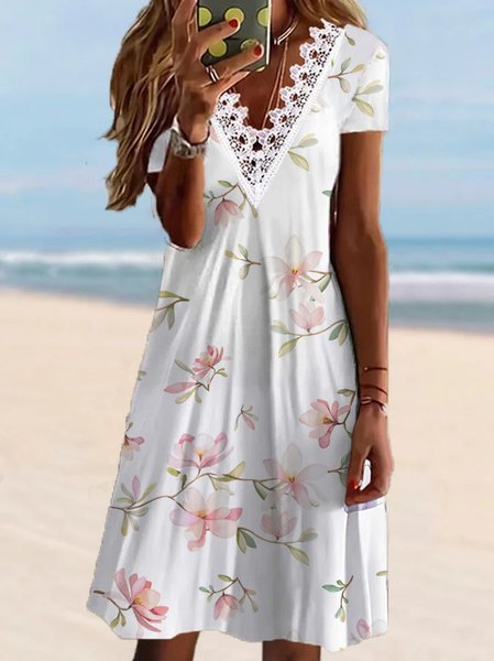 JFN V Neck Lace Floral Casual Mini Dresses, White, Dresses