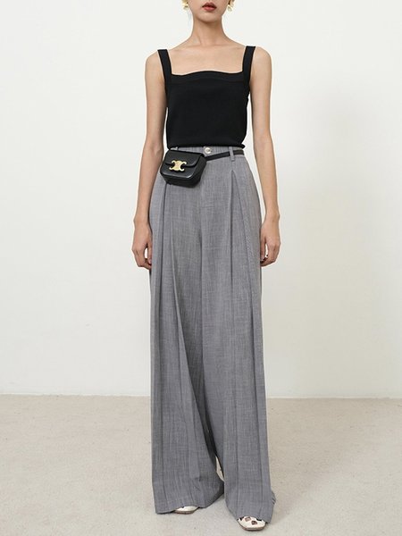 

Long Plain Daily Simple Regular Fit Pants, Gray, Wide Leg Pants