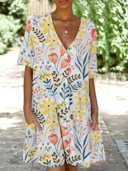 

Boho V Neck Floral Short Sleeve Woven Dress, Multicolor, Dresses
