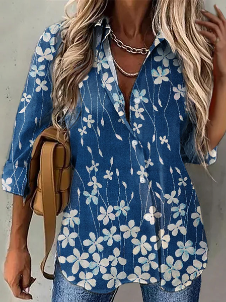 

Shirt Collar Vacation Floral Long Sleeve Blouse, Blue, Shirts & Blouses