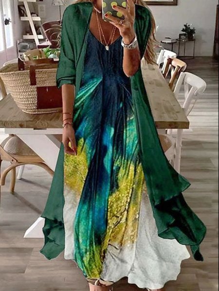 

Vacation V Neck Short Sleeve Two Piece Knit Dress, Green, Dresses