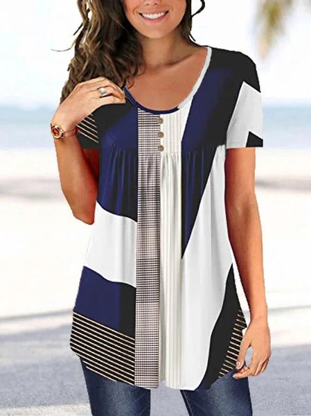 

Loosen Geometric Crew Neck Short Sleeve Tunic, Multicolor, Shirts & Blouses