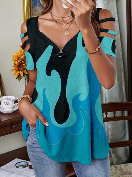 

Blue Geometric Print Zip V Neck Cutout Sleeve T-Shirt Casual V Neck Short Sleeve Tops, Shirts & Blouses
