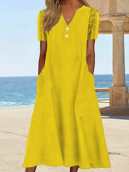 

Basic simple nail buckle lace foam cotton pocket holiday dress long plus size, Yellow, Midi Dresses