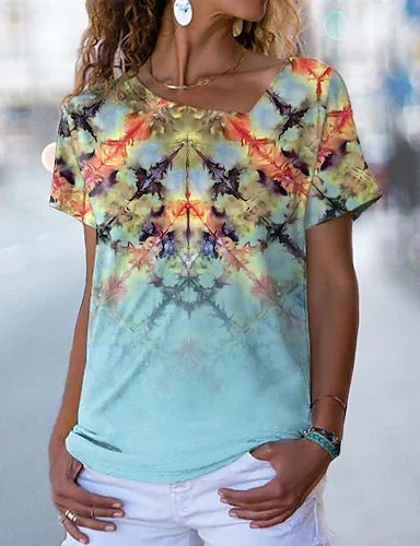 

Loosen Asymmetrical Neck Casual Short Sleeve T-Shirt, Multicolor, T-Shirts