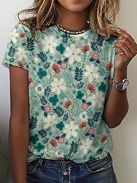 

Casual Simple Leaf Floral Print Crew Neck T-Shirt, Green, T-shirts
