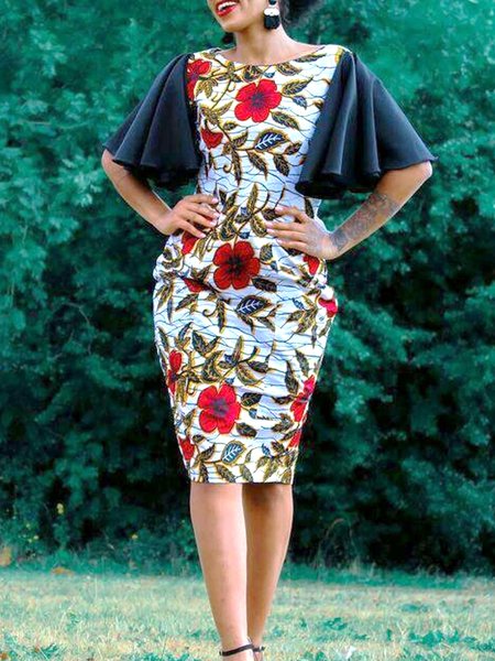 

Floral Skinny Short Sleeve Knit Midi Dress, Flower, Midi Dresses