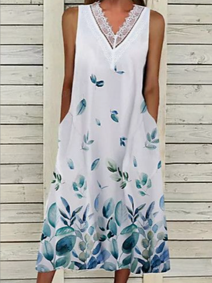 

Loosen V Neck Vacation Sleeveless Woven Dresses, White, Dresses