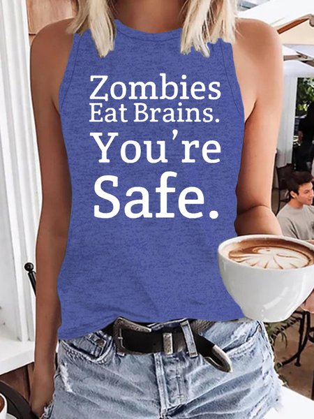 

Womens Funny Letter Casual Crew Neck, Blue, Tank Tops