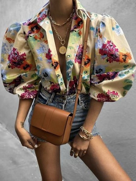 

Floral Casual Shirt Collar Half Sleeve Blouse, Multicolor, Blouses and Shirts