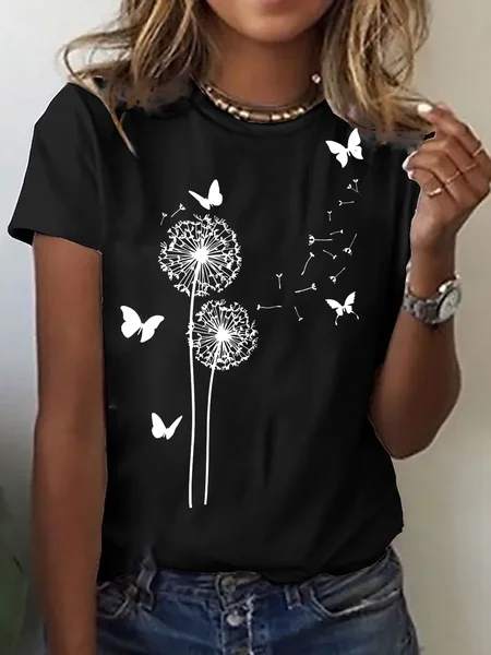 

Women Casual Dandelion And Butterfly Crew Neck Loose Short Sleeve Summer T-Shirt, Black, Tees & T-shirts