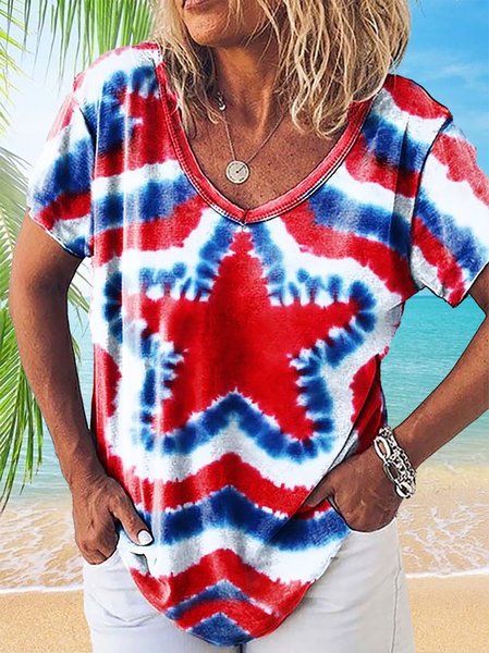 

Casual V Neck Printed Loose Short Sleeve T-Shirt, Red, T-Shirts