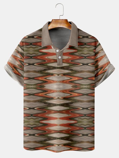 

Casual Style Culture Collection Retro Geometric Striped Ethnic Pattern Elements Lapel Short Sleeve Polo Print Top, Brown, Men's t-shirts