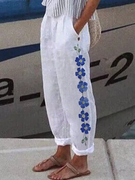 

Pockets Floral Casual Pants, White, Pants