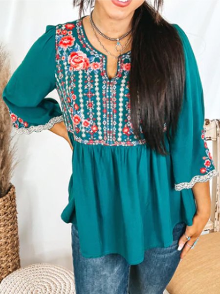 

Tribal Crew Neck Boho Short Sleeve Tops, Green, Shirts & Blouses